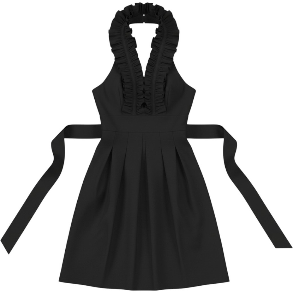 BCBGMAXAZRIA Black Halter Ruffle Mini Dress Pleated Sash Tie LBD